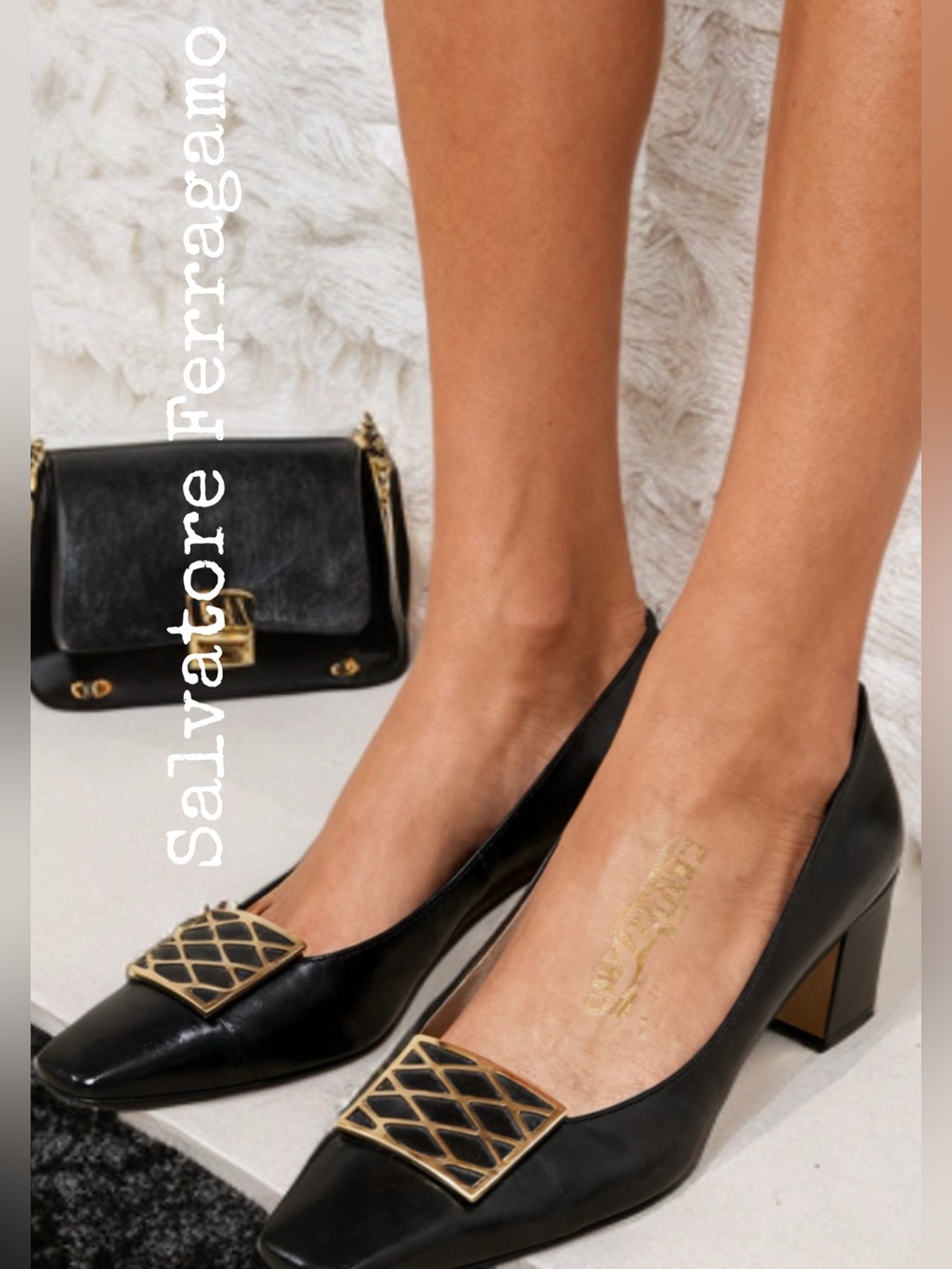 SALVATORE FERRAEGAMO
 Black Leather Pump with Gold Accent
